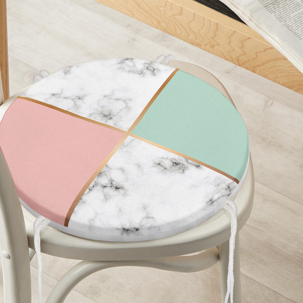 Renkli Geometrik Desenli Mermer Motifli Dijital Baskılı Modern Yuvarlak Fermuarlı Sandalye Minderi Realhomes