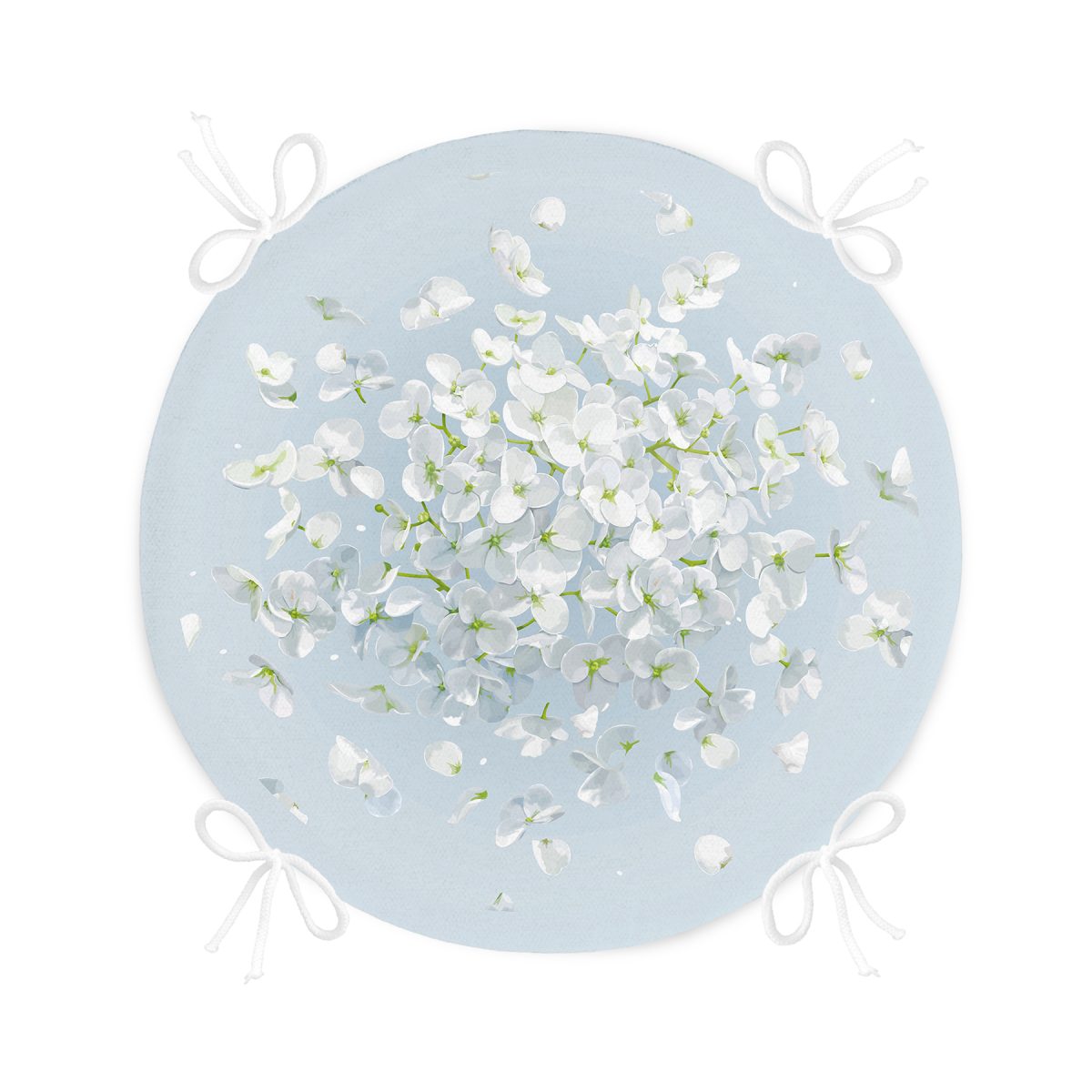 Renkli Zeminli Beyaz Ortanca Çiçek Desenli Dijital Baskılı Modern Yuvarlak Fermuarlı Sandalye Minderi Realhomes