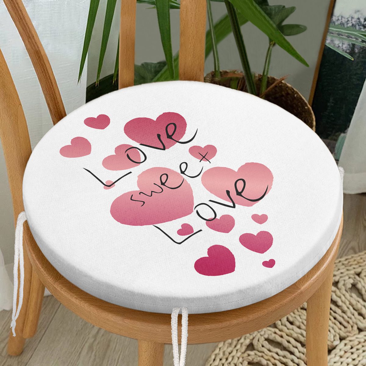 Sevgililer Günü Temalı Özel Tasarım Dijital Baskılı Modern Yuvarlak Fermuarlı Sandalye Minderi Realhomes