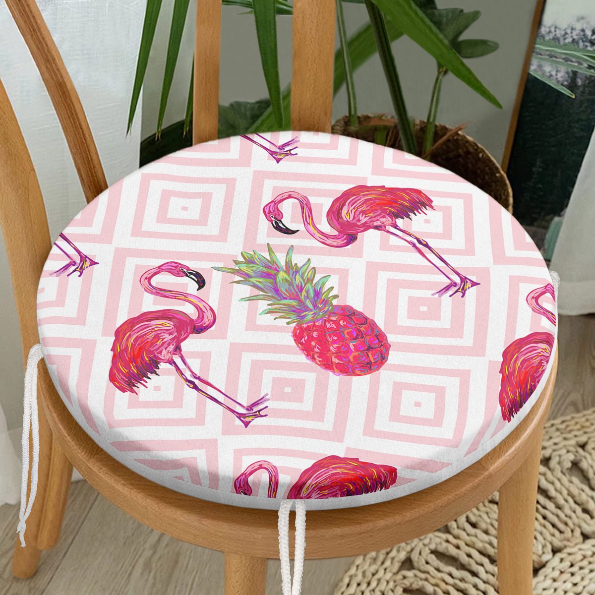 Flamingo Desenli Dijital Baskılı Yuvarlak Fermuarlı Sandalye Minderi Realhomes
