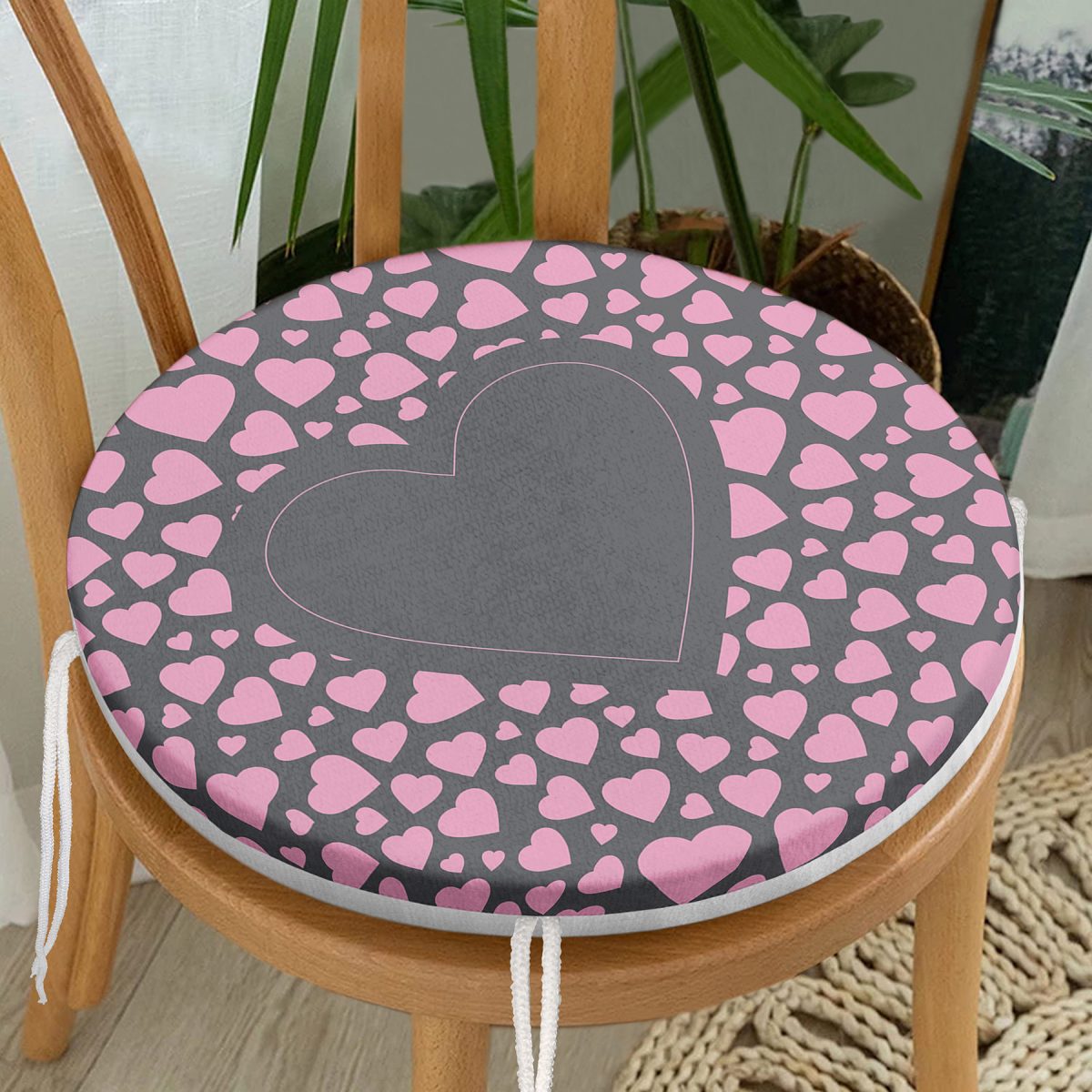 Sevgililer Günü Temalı Özel Tasarım Dijital Baskılı Modern Yuvarlak Fermuarlı Sandalye Minderi Realhomes