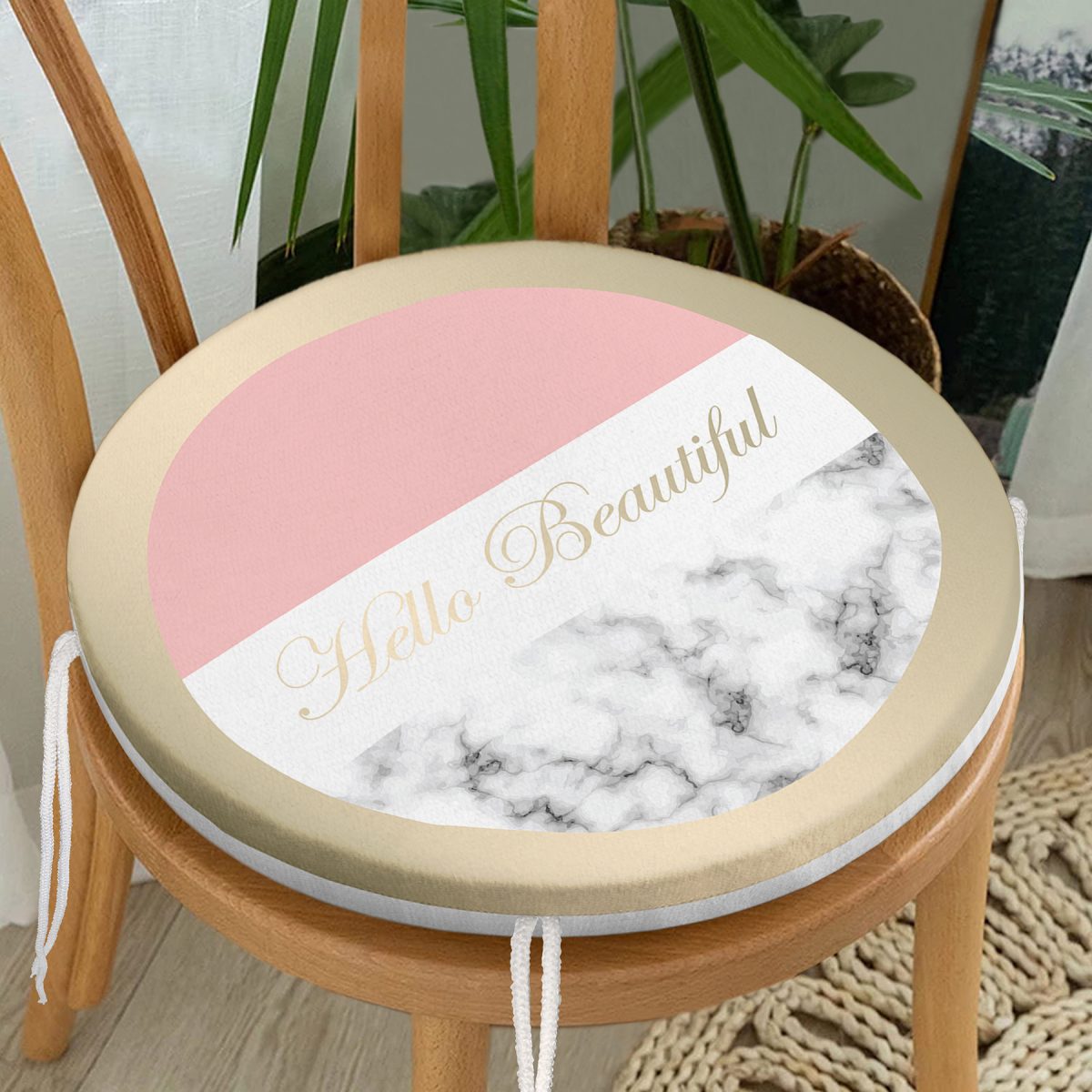 Hello Beautiful Pembe & Mermer Dijital Baskılı Yuvarlak Fermuarlı Sandalye Minderi Realhomes
