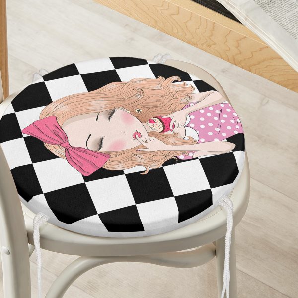 - RealHomes Yuvarlak Fermuarlı Minder - Realhomes  Beyaz Zemin Üzerinde Çini Desenli Dijital Baskılı Modern Yuvarlak Fermuarlı Sandalye Minderi Realhomes