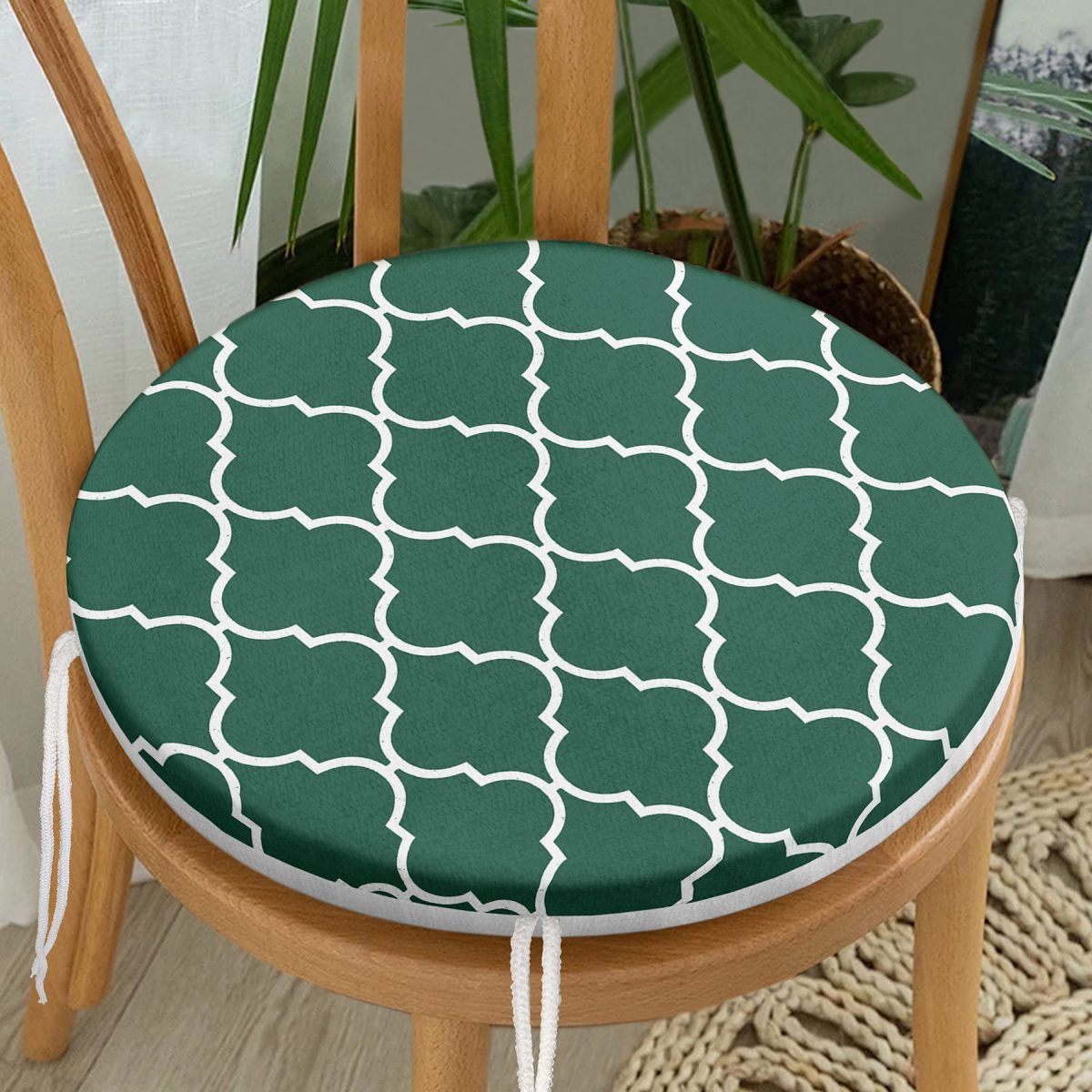 Yeşil Ogea Desenli Dijital Baskılı Yuvarlak Fermuarlı Sandalye Minderi Realhomes