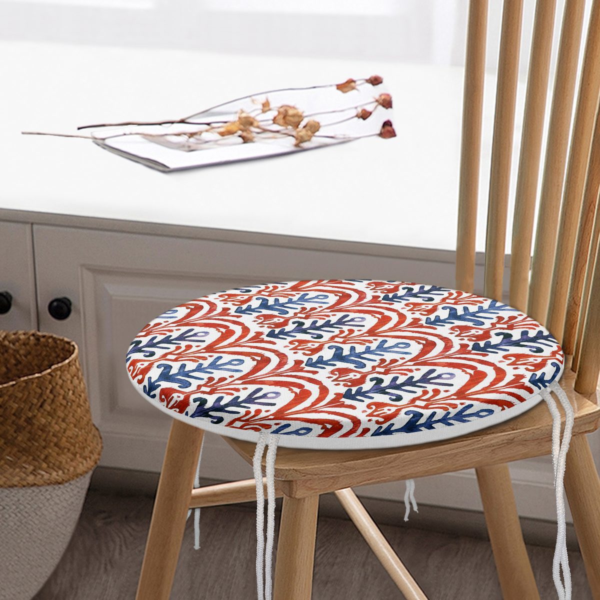 Mavi Kırmızı Damask Motifli Yuvarlak Fermuarlı Sandalye Minderi Realhomes
