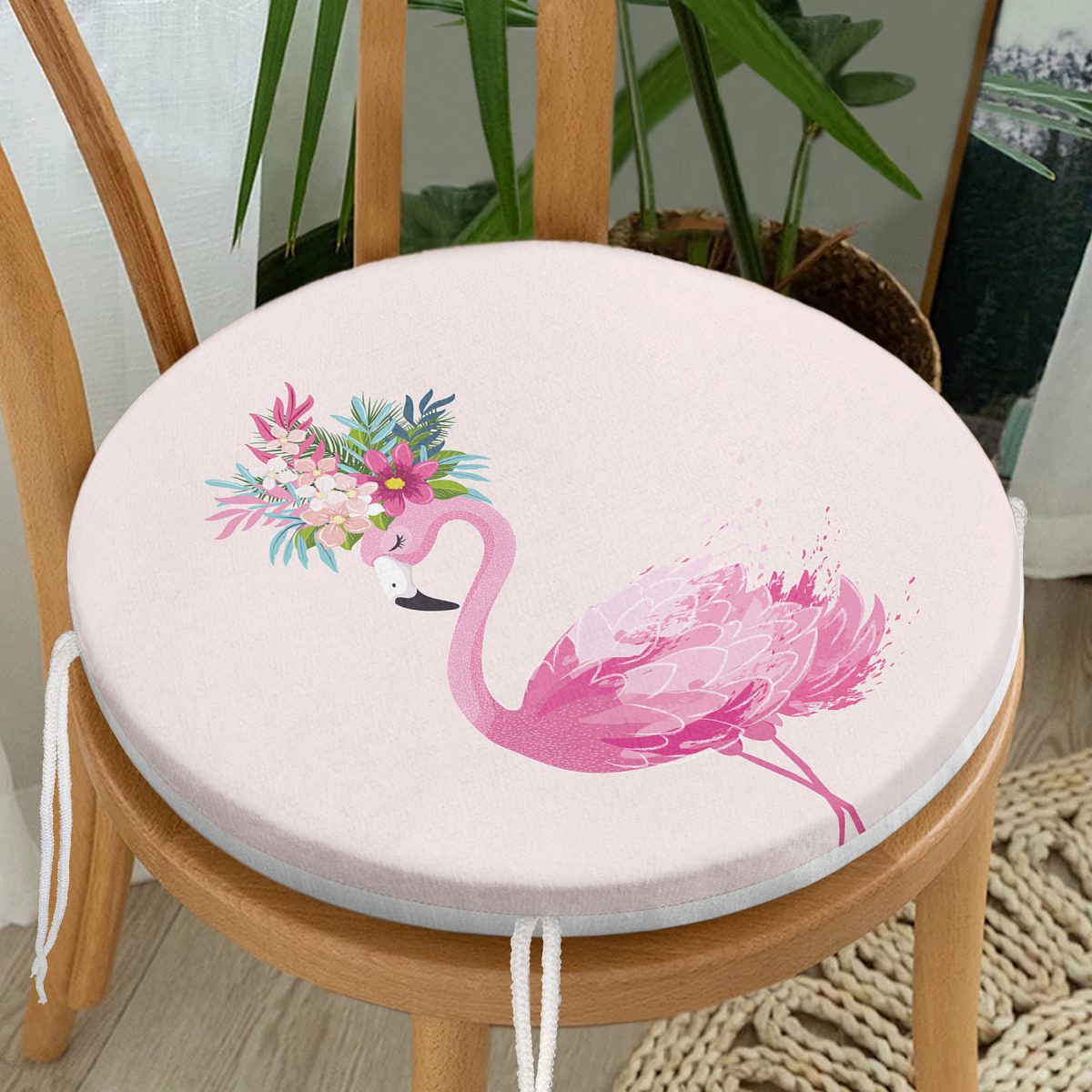 Pembe Flamingo Motifli Dijital Baskılı Yuvarlak Fermuarlı Sandalye Minderi Realhomes