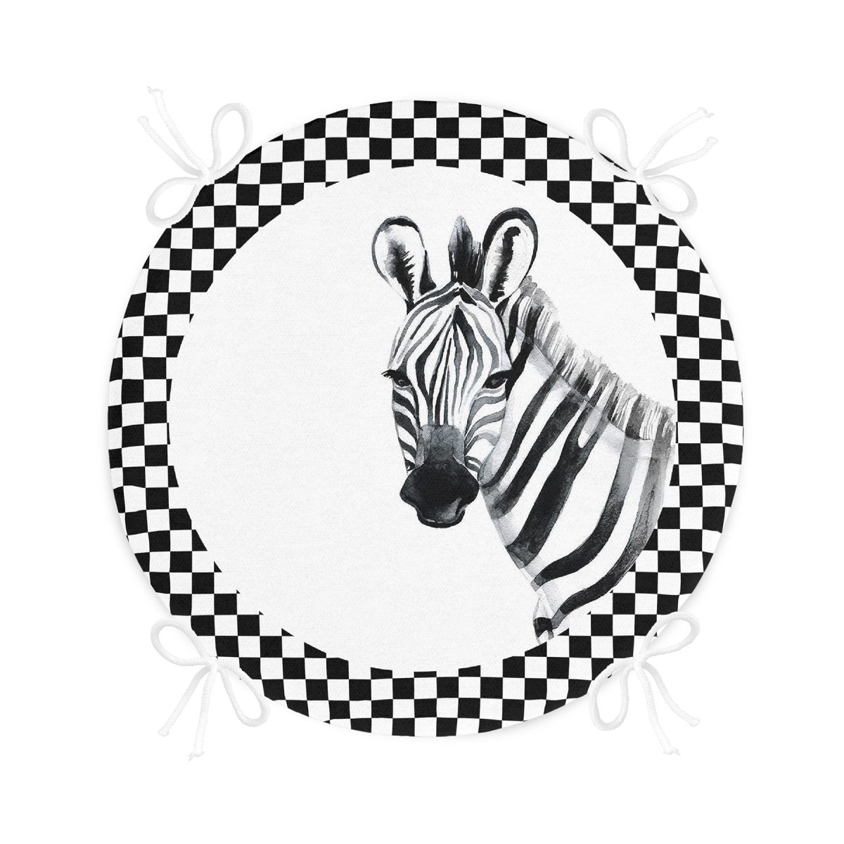 Damalı Çerçeve Motifli Zebra Desenli Yuvarlak Fermuarlı Sandalye Minderi Realhomes