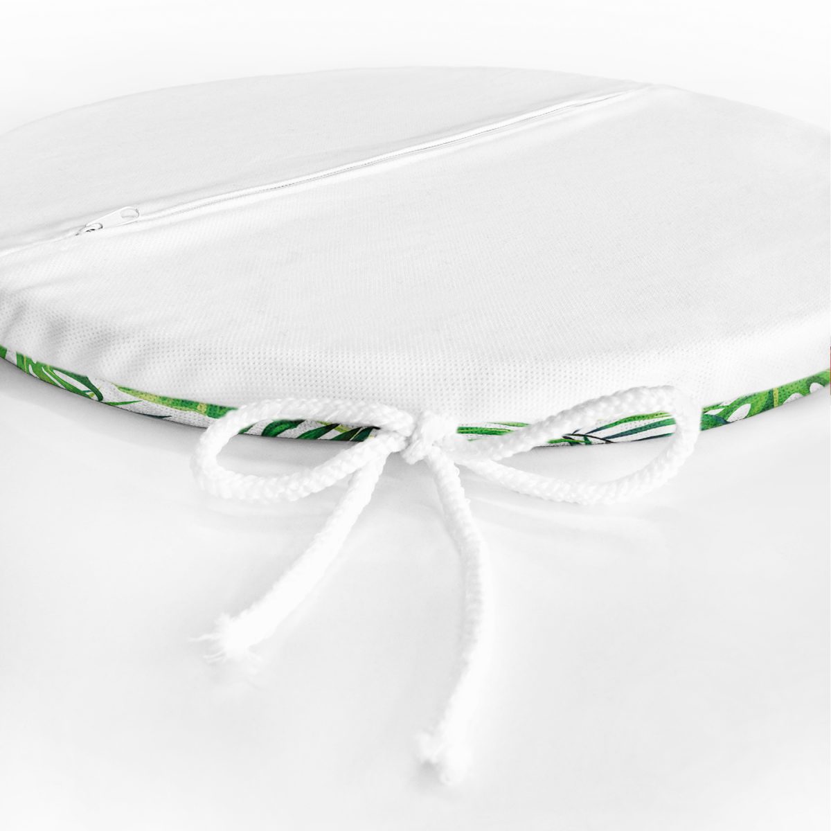 Realhomes Beyaz Zeminde Yeşil Yapraklar Tasarımlı Modern Yuvarlak Fermuarlı Sandalye Minderi Realhomes