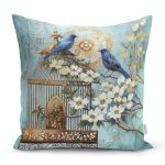 - K224-Gorsel - Realhomes Mavi Kuş Desen Dijital Baskılı Dekoratif Yastık Kırlent Kılıfı Realhomes