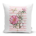 - K2572-Gorsel - Realhomes  Anahtar Motifli Çiçek Desenli Çizgili Yastık Kırlent Kılıfı Realhomes