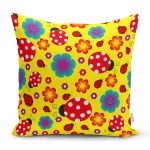 - K4835-Gorsel - Realhomes  Realhomes Sarı Zeminde Uğurböceği Dijital Baskılı Modern Yastık Kılıfı Realhomes