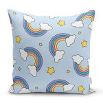 - K4899-Gorsel - Realhomes Realhomes Mavi Zeminde Unicorn Gökkuşağı Dijital Baskılı Modern Kırlent Kılıfı Realhomes
