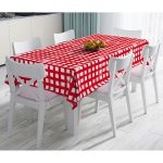 - Masa-5236kirmizi-Gorsel - Realhomes  Kırmızı Zeminde Geometrik Kare Motifli Dekoratif Masa Örtüsü Realhomes