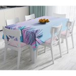 - Masa-5516-Gorsel - Realhomes Toz Mavisi Zeminli Tropik Yapraklı Özel Tasarım Dijital Baskılı Masa Örtüsü Realhomes