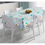 - Masa-7017-Gorsel - Realhomes  Beyaz Zeminde Mavi Puan Gold Yıldızlı Dijital Baskılı Modern Masa Örtüsü Realhomes