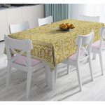 - Masa-7126-Gorsel - Realhomes  Gold Zeminde Beyaz Bohem Çizimli Dijital Baskılı Modern Masa Örtüsü Realhomes