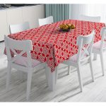 - Masa-7188-Gorsel - Realhomes  Kırmızı Zemin Üzerinde Beyaz Kar tanesi Desenli Dijital Baskılı Modern Masa Örtüsü Realhomes