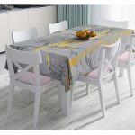 Antrasit Zemin Üzerinde Gold Detaylı Çizim Desenli Dijital Baskılı Modern Masa Örtüsü Realhomes