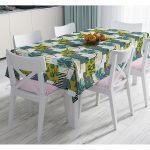 Beyaz Zemin Üzerinde Onedraw Çizimli Yaprak Motifli Dijital Baskılı Modern Masa Örtüsü Realhomes