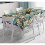- Masa-7296-Gorsel - Realhomes  Renkli Zemin Üzerinde Onedraw Çizimli Yaprak Motifli Dijital Baskılı Modern Masa Örtüsü Realhomes