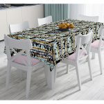 - Masa-7300-Gorsel - Realhomes Beyaz Zemin Üzerinde Renkli Çizgili Yaprak Desenli Dijital Baskılı Modern Masa Örtüsü Realhomes