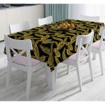 Siyah Zemin Üzerinde Gold Renkli Yaprak Desenli Dijital Baskılı Modern Masa Örtüsü Realhomes