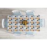 - Masa-7387-Gorsel-1 - Realhomes  Renkli Zemin Üzerinde Onedraw Çizimli Yaprak Motifli Dijital Baskılı Modern Masa Örtüsü Realhomes