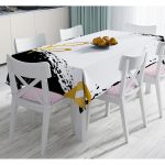 - Masa-7653-Gorsel - Realhomes  Beyaz Zeminde Gold Renkli Onedraw Çizimli Çiçek Desenli Dijital Baskılı Modern Masa Örtüsü Realhomes