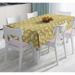 Gold Zemin Üzerinde Beyaz Renkli Yaprak Desenli Dijital Baskılı Modern Masa Örtüsü Realhomes