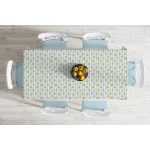 - Masa-8208-Gorsel-1 - Realhomes  Beyaz Zeminde Renkli Çizgili Gold Detaylı Kar tanesi Desenli Dijital Baskılı Modern Masa Örtüsü Realhomes