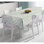 - Masa-8208-Gorsel - Realhomes  Beyaz Zeminde Renkli Çizgili Gold Detaylı Kar tanesi Desenli Dijital Baskılı Modern Masa Örtüsü Realhomes