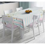 Beyaz Zemin Üzerinde Renkli Yatay Çizgili Gold Detaylı Dijital Baskılı Modern Masa Örtüsü Realhomes