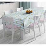 Beyaz Zemin Üzerinde Renkli Çizgili Gold Detaylı Dijital Baskılı Modern Masa Örtüsü Realhomes