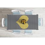 - Masa-8262-Gorsel-1 - Realhomes  Beyaz Zeminde Siyah Yatay Çizgili Gold Detaylı Kalp Desenli Dijital Baskılı Modern Masa Örtüsü Realhomes