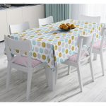 - Masa-8284-Gorsel - Realhomes Beyaz Zeminde Gold Detaylı Renkli Puantiye Desenli Dijital Baskılı Modern Masa Örtüsü Realhomes