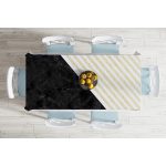 Beyaz Zeminde Siyah Mermer Detaylı Gold Yatay Çizgili Dijital Baskılı Modern Masa Örtüsü Realhomes