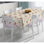 - Masa-8359-Gorsel - Realhomes  Beyaz Zemin Üzerinde Sonbahar Yapraklı Kozalak Desenli Dijital Baskılı Modern Masa Örtüsü Realhomes