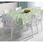 - Masa-8436-Gorsel - Realhomes  Beyaz Zemin Üzerinde Yeşil Renkli Çiçek Desenli Dijital Baskılı Modern Masa Örtüsü Realhomes