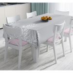 - Masa-8442-Gorsel - Realhomes  Pastel Zemin Üzerinde Beyaz Yaprak Desenli Dijital Baskılı Modern Masa Örtüsü Realhomes