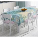 - Masa-8546-Gorsel - Realhomes  Renkli Zemin Üzerinde Gold Detaylı Mermer Desenli Dijital Baskılı Modern Masa Örtüsü Realhomes