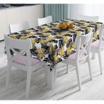 - Masa-8553-Gorsel - Realhomes Beyaz Zemin Üzerinde Gold Detaylı Siyah Yaprak Desenli Dijital Baskılı Modern Masa Örtüsü Realhomes