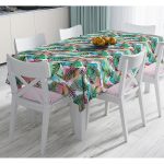 - Masa-8560-Gorsel - Realhomes  Beyaz Zeminde Renkli Soyut Çizimli Yaprak Desenli Dijital Baskılı Modern Masa Örtüsü Realhomes