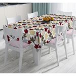 - Masa-8624-Gorsel - Realhomes Beyaz Zemin Üzerinde Ekoseli Yaprak Desenli Dijital Baskılı Modern Masa Örtüsü Realhomes