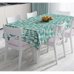 - Masa-8692-Gorsel - Realhomes Beyaz Zemin Üzerinde Yeşil Çizgili Yaprak Desenli Dijital Baskılı Modern Masa Örtüsü Realhomes