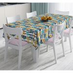 Beyaz Zeminde Siyah Çizgili Renkli Yaprak Desenli Dijital Baskılı Modern Masa Örtüsü Realhomes