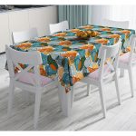 - Masa-8701-Gorsel - Realhomes Renkli Zemin Üzerinde Onedraw Çizimli Yaprak Desenli Dijital Baskılı Modern Masa Örtüsü Realhomes