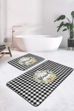 - RealHomes - Realhomes  Siyah Beyaz Ekose Motifli Kabak Temalı 2'li Banyo Halısı & Klozet Takımı Realhomes
