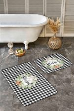 - RealHomes - Realhomes  Siyah Beyaz Ekose Motifli Kabak Temalı 2'li Banyo Halısı & Klozet Takımı Realhomes
