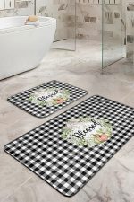 - RealHomes - Realhomes  Siyah Beyaz Ekose Motifli Kabak Temalı 2'li Banyo Halısı & Klozet Takımı Realhomes