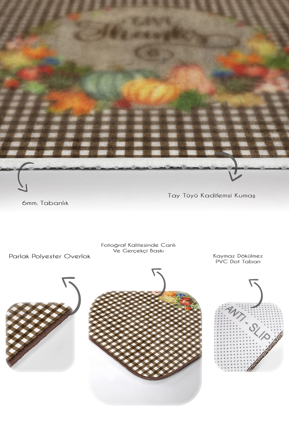 Kabak Temalı Kahve Ekose Tasarımlı 2'li Mutfak Paspas Takımı & Banyo Halısı Seti Realhomes